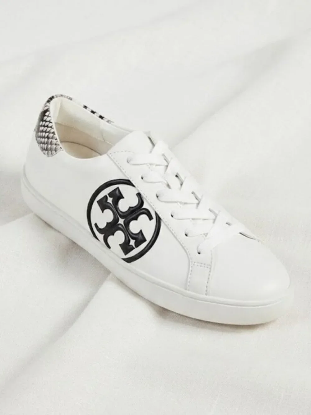 EUC Tory Burch Leigh Logo Sneakers White Leather Snake Trim Designer Low-Top